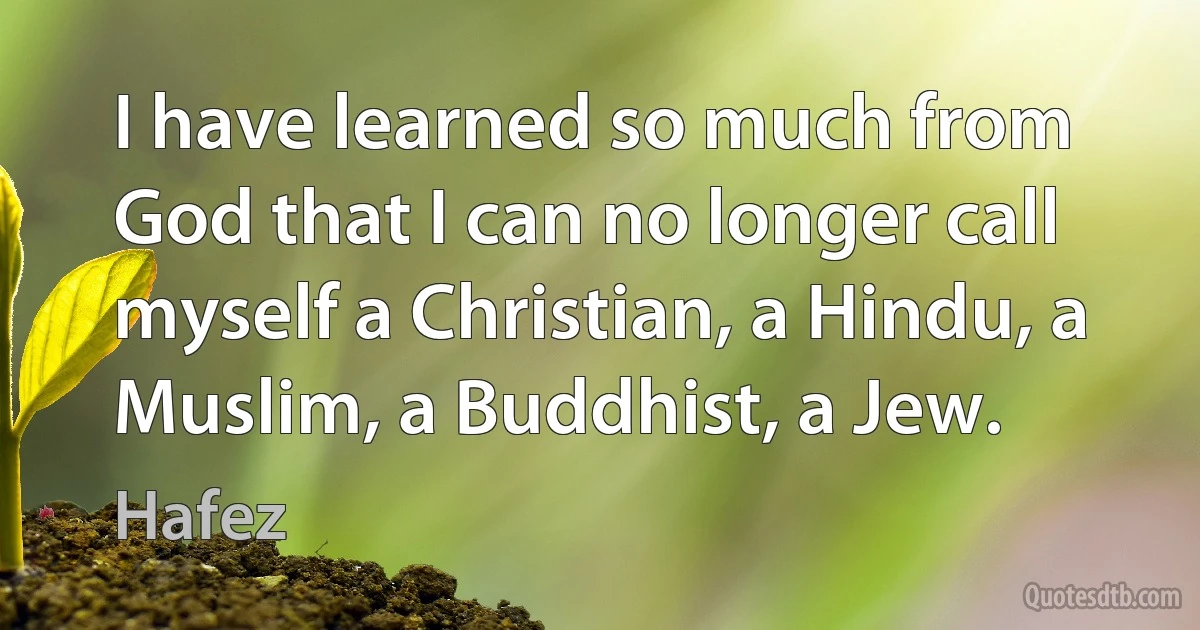 I have learned so much from God that I can no longer call myself a Christian, a Hindu, a Muslim, a Buddhist, a Jew. (Hafez)