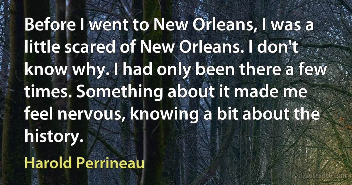 Before I went to New Orleans, I was a little scared of New Orleans. I don't know why. I had only been there a few times. Something about it made me feel nervous, knowing a bit about the history. (Harold Perrineau)