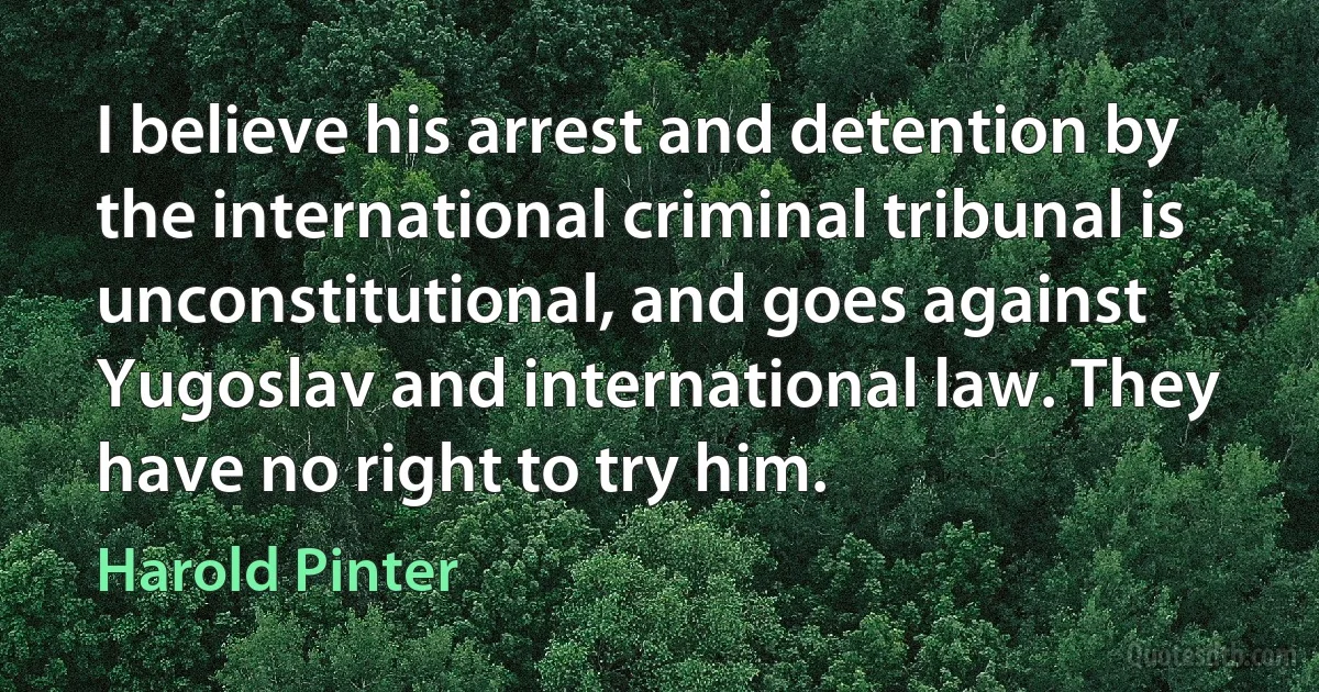 I believe his arrest and detention by the international criminal tribunal is unconstitutional, and goes against Yugoslav and international law. They have no right to try him. (Harold Pinter)