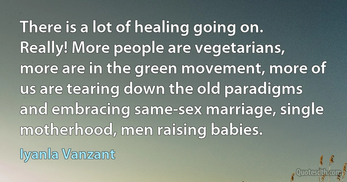 There is a lot of healing going on. Really! More people are vegetarians, more are in the green movement, more of us are tearing down the old paradigms and embracing same-sex marriage, single motherhood, men raising babies. (Iyanla Vanzant)