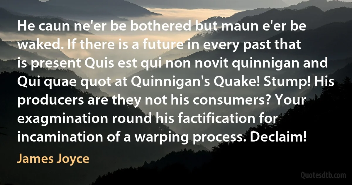 He caun ne'er be bothered but maun e'er be waked. If there is a future in every past that is present Quis est qui non novit quinnigan and Qui quae quot at Quinnigan's Quake! Stump! His producers are they not his consumers? Your exagmination round his factification for incamination of a warping process. Declaim! (James Joyce)