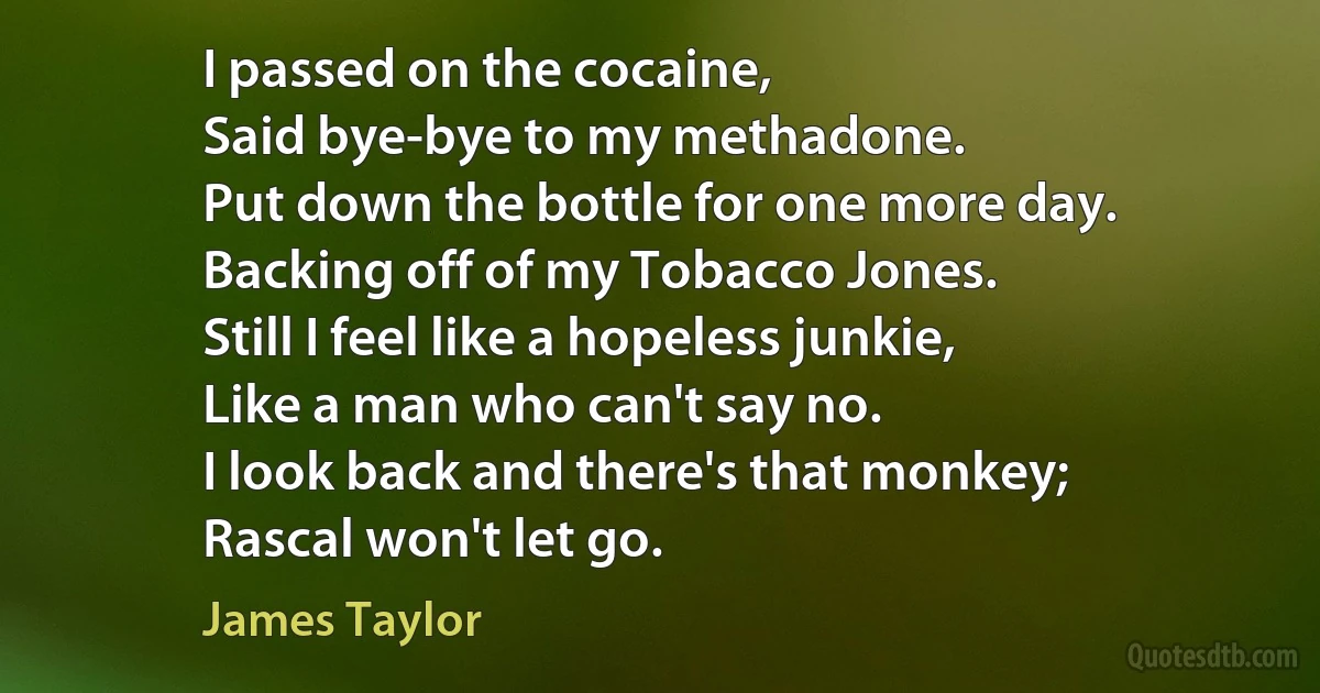 I passed on the cocaine,
Said bye-bye to my methadone.
Put down the bottle for one more day.
Backing off of my Tobacco Jones.
Still I feel like a hopeless junkie,
Like a man who can't say no.
I look back and there's that monkey;
Rascal won't let go. (James Taylor)