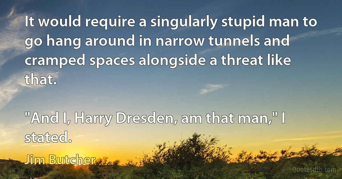 It would require a singularly stupid man to go hang around in narrow tunnels and cramped spaces alongside a threat like that.

"And I, Harry Dresden, am that man," I stated. (Jim Butcher)