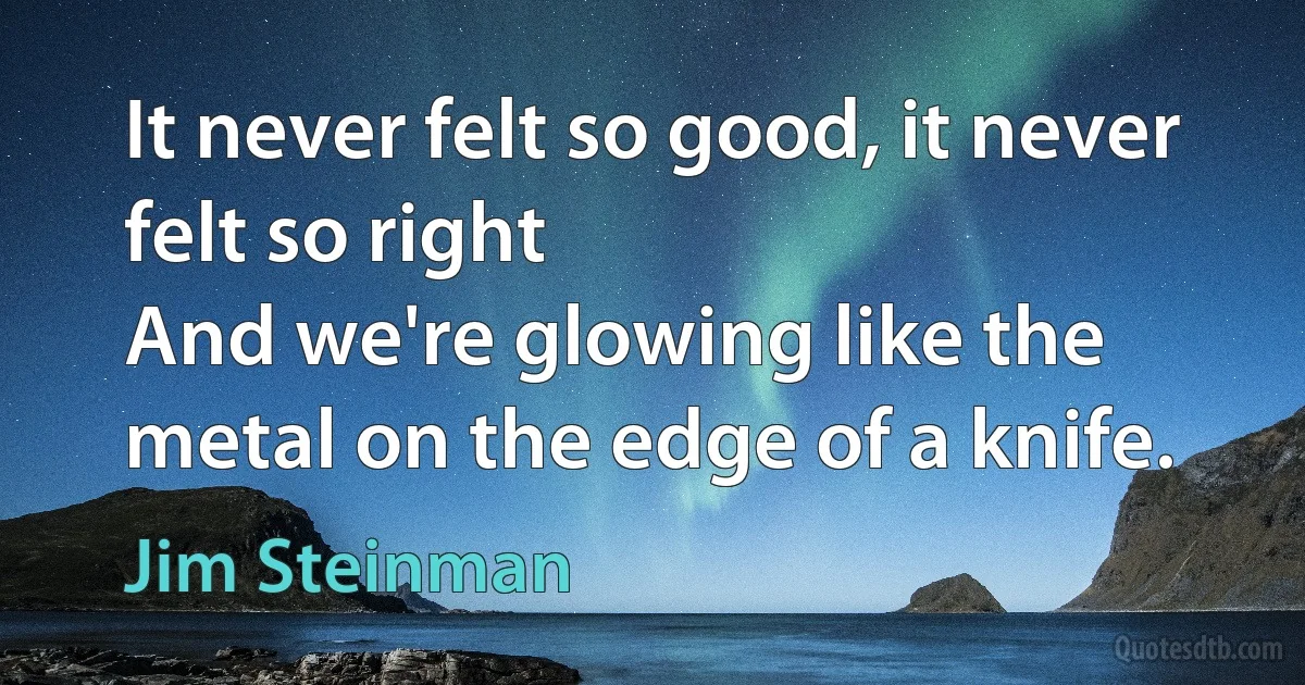 It never felt so good, it never felt so right
And we're glowing like the metal on the edge of a knife. (Jim Steinman)