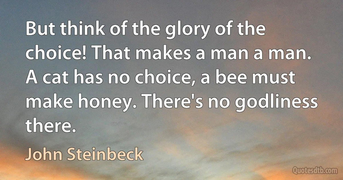 But think of the glory of the choice! That makes a man a man. A cat has no choice, a bee must make honey. There's no godliness there. (John Steinbeck)