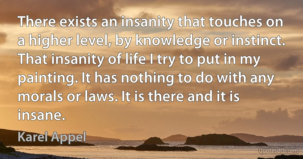 There exists an insanity that touches on a higher level, by knowledge or instinct. That insanity of life I try to put in my painting. It has nothing to do with any morals or laws. It is there and it is insane. (Karel Appel)