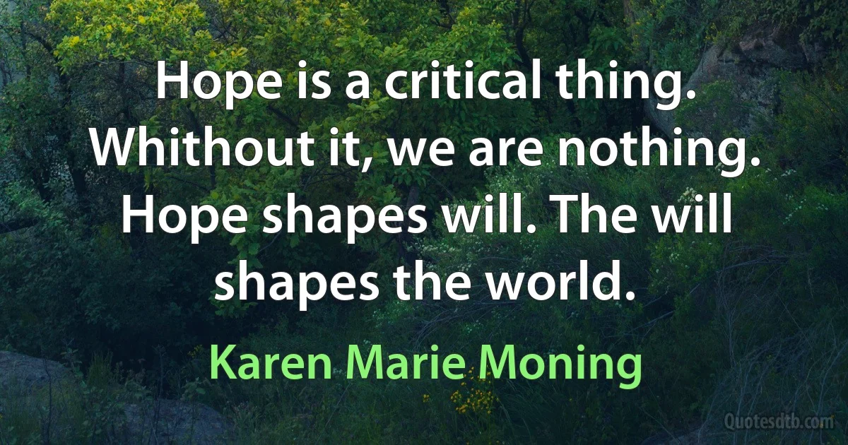 Hope is a critical thing. Whithout it, we are nothing. Hope shapes will. The will shapes the world. (Karen Marie Moning)