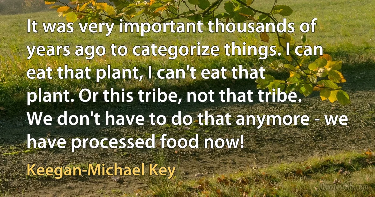 It was very important thousands of years ago to categorize things. I can eat that plant, I can't eat that plant. Or this tribe, not that tribe. We don't have to do that anymore - we have processed food now! (Keegan-Michael Key)