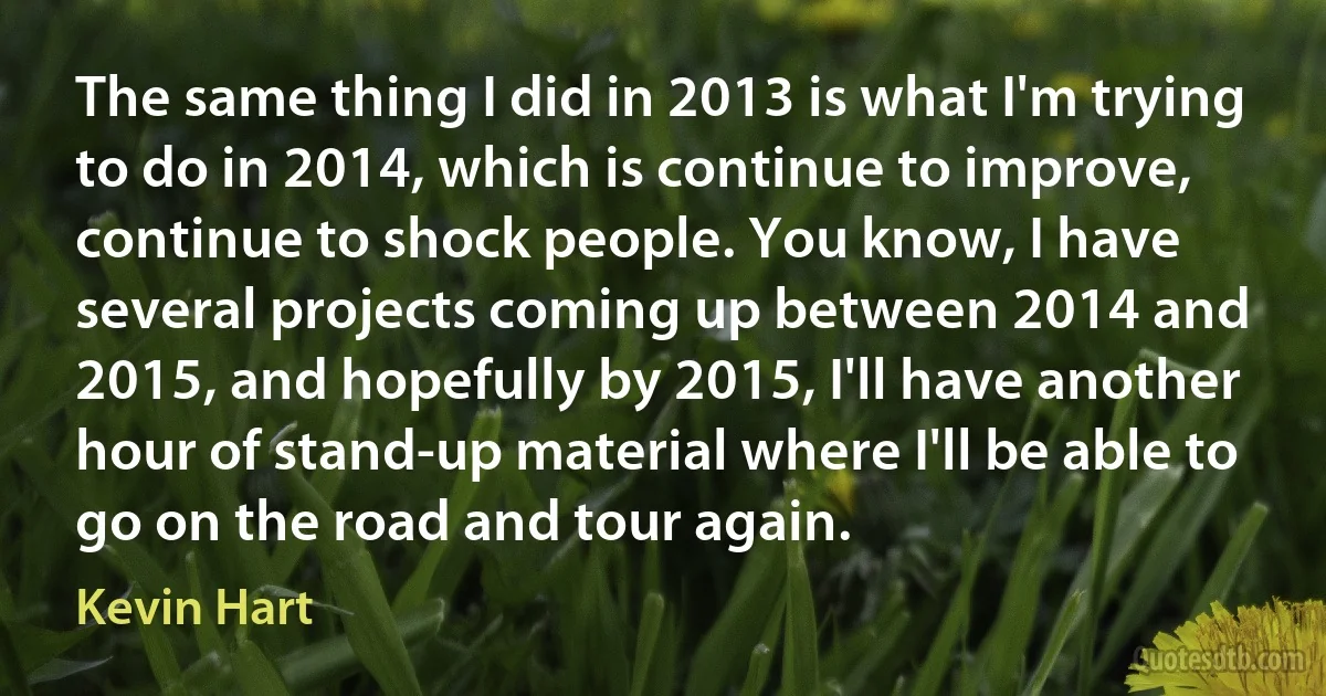 The same thing I did in 2013 is what I'm trying to do in 2014, which is continue to improve, continue to shock people. You know, I have several projects coming up between 2014 and 2015, and hopefully by 2015, I'll have another hour of stand-up material where I'll be able to go on the road and tour again. (Kevin Hart)