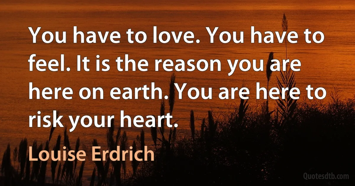 You have to love. You have to feel. It is the reason you are here on earth. You are here to risk your heart. (Louise Erdrich)