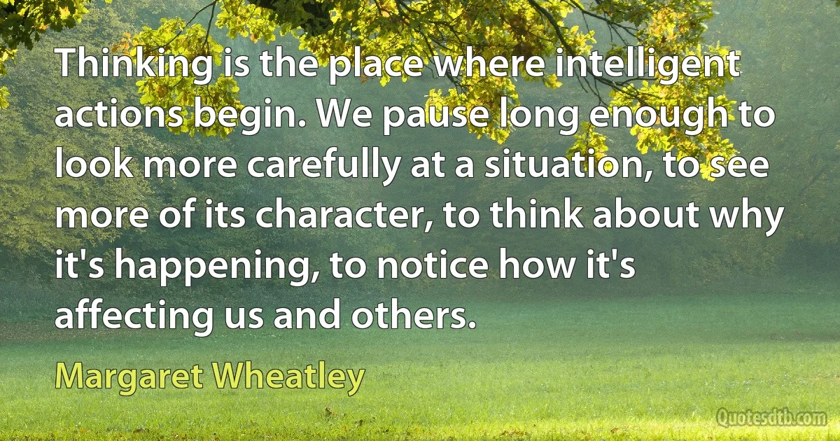 Thinking is the place where intelligent actions begin. We pause long enough to look more carefully at a situation, to see more of its character, to think about why it's happening, to notice how it's affecting us and others. (Margaret Wheatley)