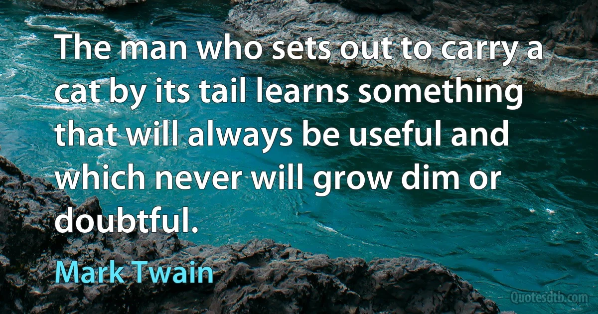 The man who sets out to carry a cat by its tail learns something that will always be useful and which never will grow dim or doubtful. (Mark Twain)