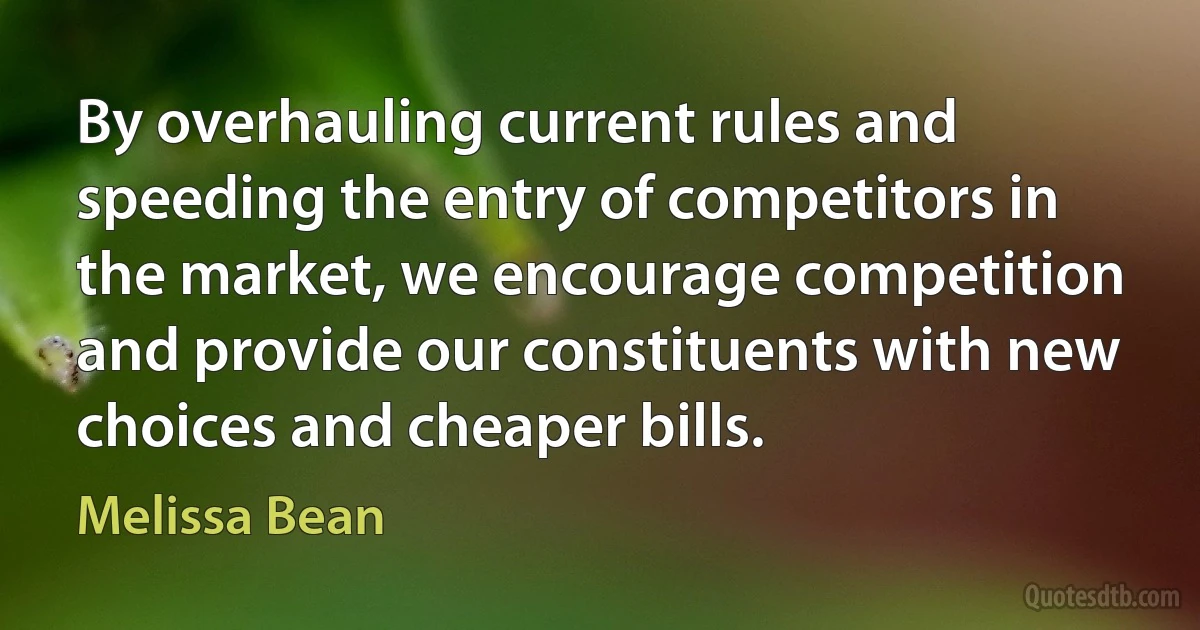 By overhauling current rules and speeding the entry of competitors in the market, we encourage competition and provide our constituents with new choices and cheaper bills. (Melissa Bean)