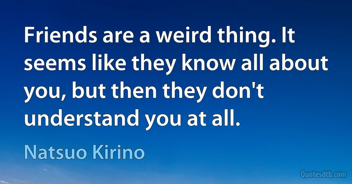 Friends are a weird thing. It seems like they know all about you, but then they don't understand you at all. (Natsuo Kirino)