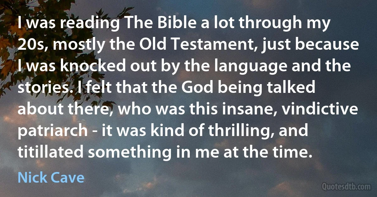 I was reading The Bible a lot through my 20s, mostly the Old Testament, just because I was knocked out by the language and the stories. I felt that the God being talked about there, who was this insane, vindictive patriarch - it was kind of thrilling, and titillated something in me at the time. (Nick Cave)