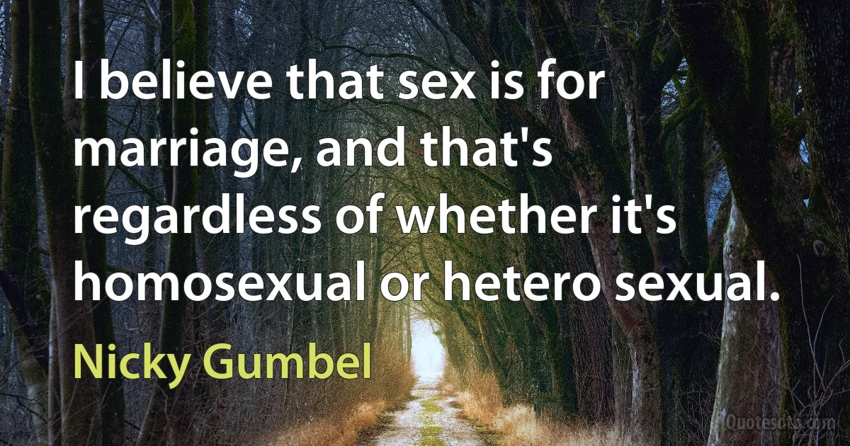 I believe that sex is for marriage, and that's regardless of whether it's homosexual or hetero sexual. (Nicky Gumbel)