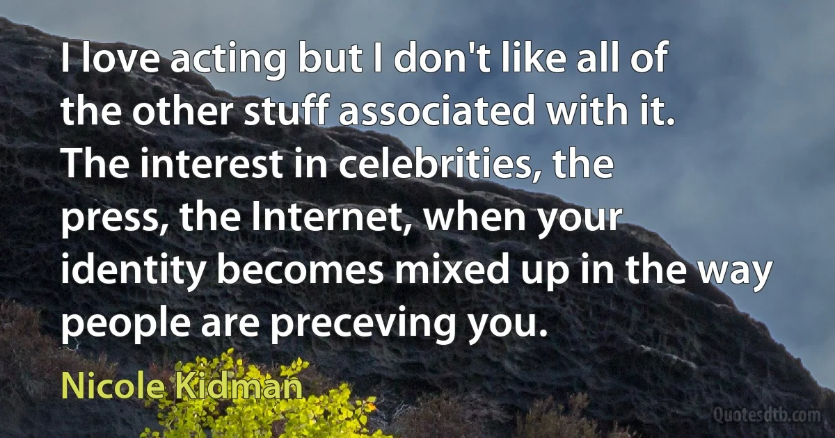 I love acting but I don't like all of the other stuff associated with it. The interest in celebrities, the press, the Internet, when your identity becomes mixed up in the way people are preceving you. (Nicole Kidman)