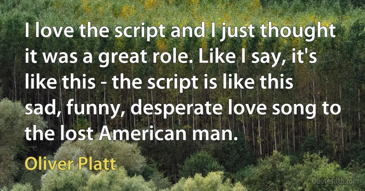 I love the script and I just thought it was a great role. Like I say, it's like this - the script is like this sad, funny, desperate love song to the lost American man. (Oliver Platt)