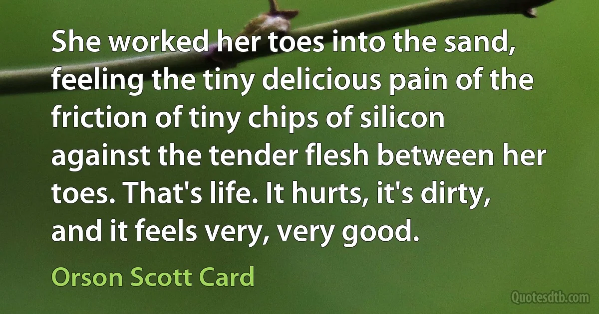 She worked her toes into the sand, feeling the tiny delicious pain of the friction of tiny chips of silicon against the tender flesh between her toes. That's life. It hurts, it's dirty, and it feels very, very good. (Orson Scott Card)