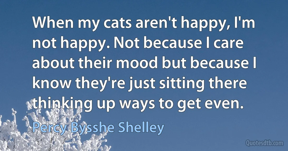 When my cats aren't happy, I'm not happy. Not because I care about their mood but because I know they're just sitting there thinking up ways to get even. (Percy Bysshe Shelley)