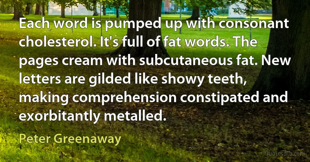 Each word is pumped up with consonant cholesterol. It's full of fat words. The pages cream with subcutaneous fat. New letters are gilded like showy teeth, making comprehension constipated and exorbitantly metalled. (Peter Greenaway)