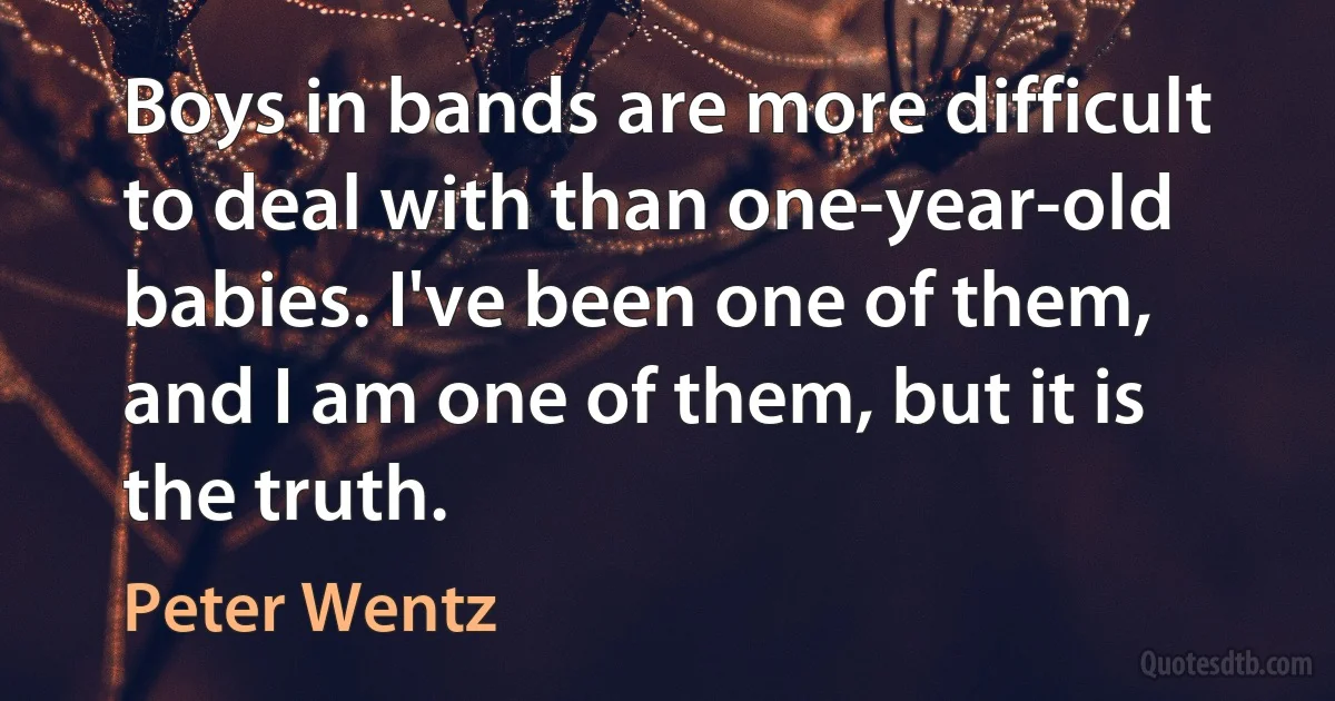 Boys in bands are more difficult to deal with than one-year-old babies. I've been one of them, and I am one of them, but it is the truth. (Peter Wentz)