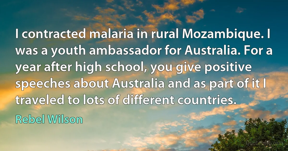 I contracted malaria in rural Mozambique. I was a youth ambassador for Australia. For a year after high school, you give positive speeches about Australia and as part of it I traveled to lots of different countries. (Rebel Wilson)