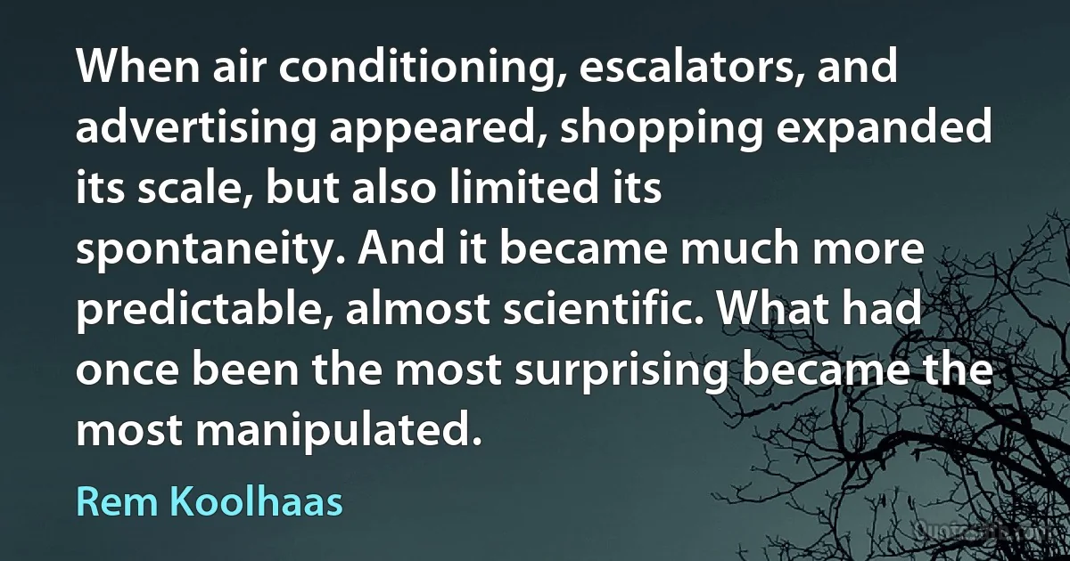 When air conditioning, escalators, and advertising appeared, shopping expanded its scale, but also limited its spontaneity. And it became much more predictable, almost scientific. What had once been the most surprising became the most manipulated. (Rem Koolhaas)