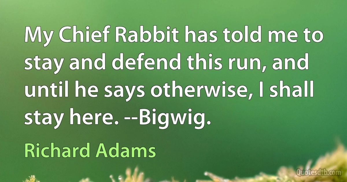 My Chief Rabbit has told me to stay and defend this run, and until he says otherwise, I shall stay here. --Bigwig. (Richard Adams)