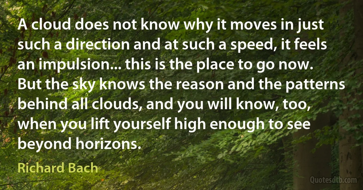A cloud does not know why it moves in just such a direction and at such a speed, it feels an impulsion... this is the place to go now.
But the sky knows the reason and the patterns behind all clouds, and you will know, too, when you lift yourself high enough to see beyond horizons. (Richard Bach)
