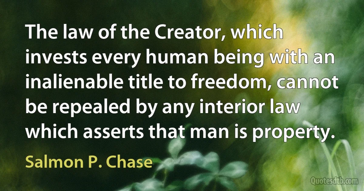 The law of the Creator, which invests every human being with an inalienable title to freedom, cannot be repealed by any interior law which asserts that man is property. (Salmon P. Chase)