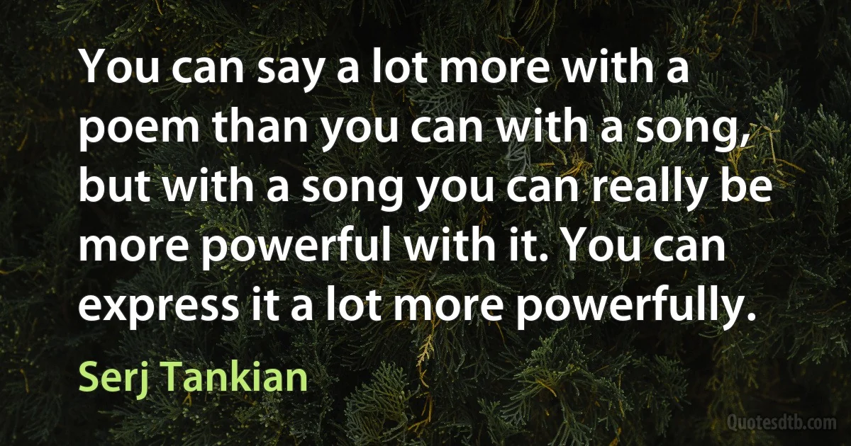 You can say a lot more with a poem than you can with a song, but with a song you can really be more powerful with it. You can express it a lot more powerfully. (Serj Tankian)