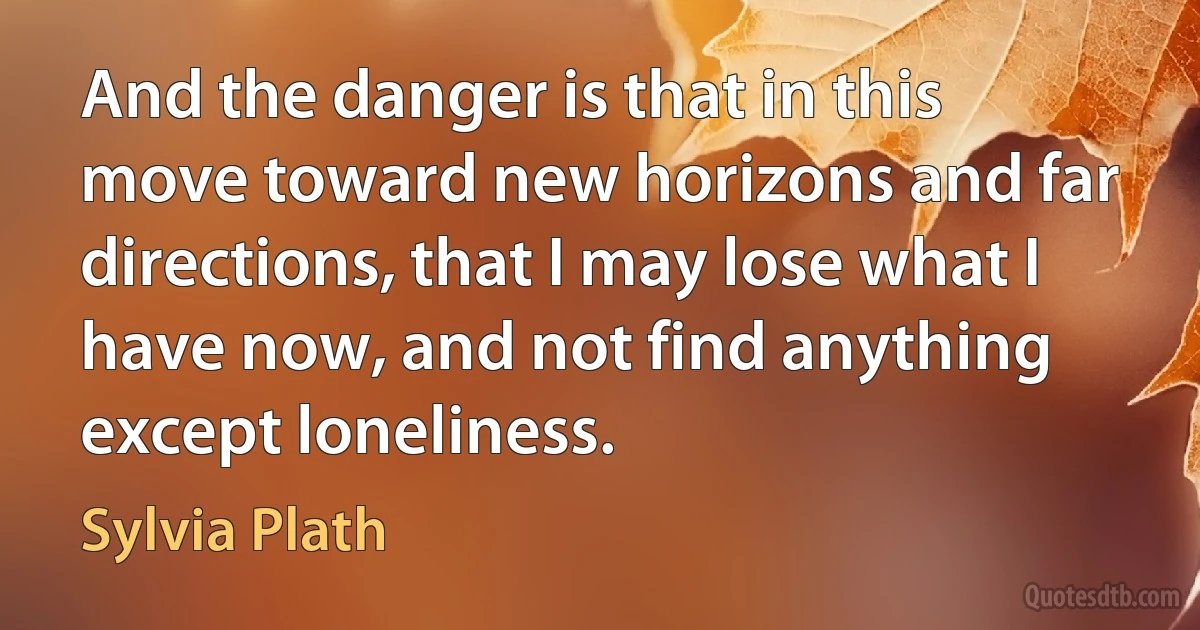 And the danger is that in this move toward new horizons and far directions, that I may lose what I have now, and not find anything except loneliness. (Sylvia Plath)