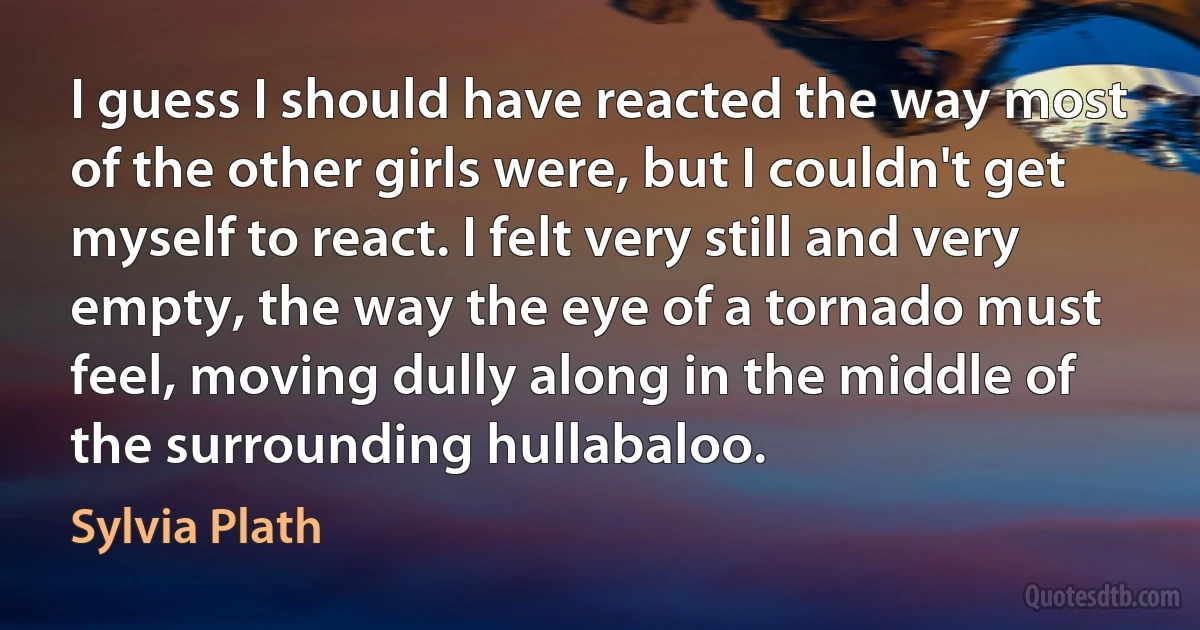 I guess I should have reacted the way most of the other girls were, but I couldn't get myself to react. I felt very still and very empty, the way the eye of a tornado must feel, moving dully along in the middle of the surrounding hullabaloo. (Sylvia Plath)