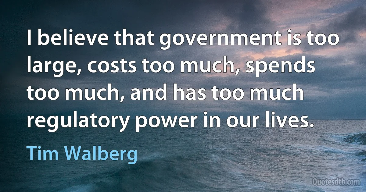 I believe that government is too large, costs too much, spends too much, and has too much regulatory power in our lives. (Tim Walberg)