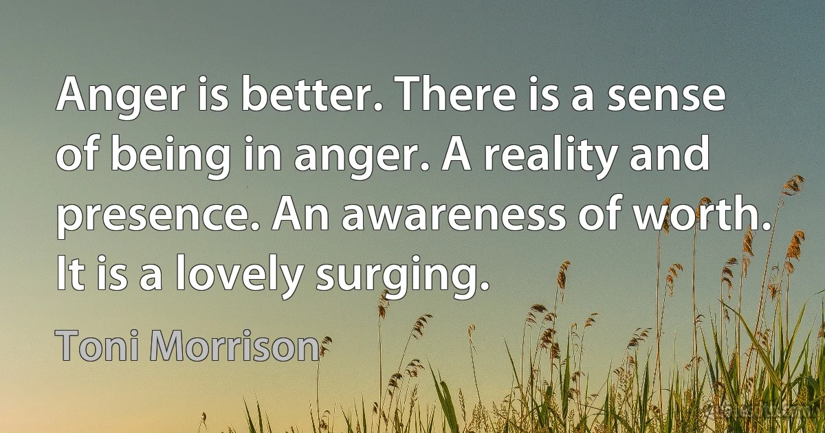 Anger is better. There is a sense of being in anger. A reality and presence. An awareness of worth. It is a lovely surging. (Toni Morrison)