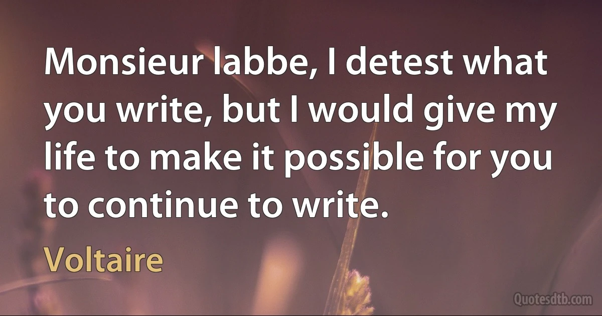 Monsieur labbe, I detest what you write, but I would give my life to make it possible for you to continue to write. (Voltaire)