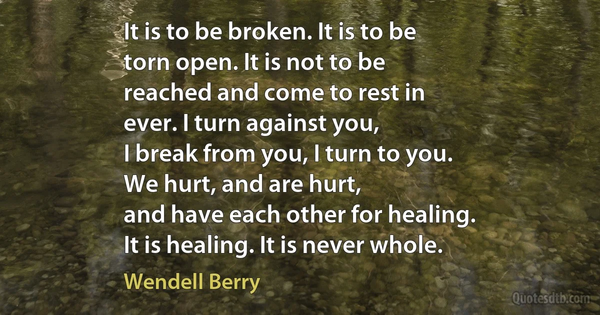 It is to be broken. It is to be
torn open. It is not to be
reached and come to rest in
ever. I turn against you,
I break from you, I turn to you.
We hurt, and are hurt,
and have each other for healing.
It is healing. It is never whole. (Wendell Berry)