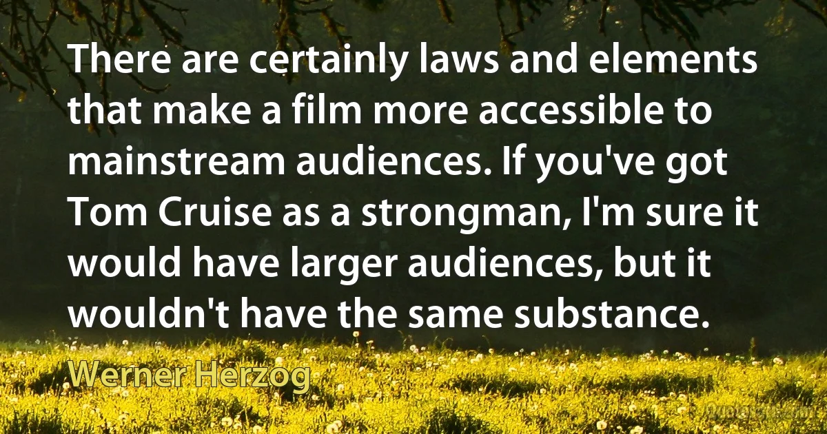 There are certainly laws and elements that make a film more accessible to mainstream audiences. If you've got Tom Cruise as a strongman, I'm sure it would have larger audiences, but it wouldn't have the same substance. (Werner Herzog)