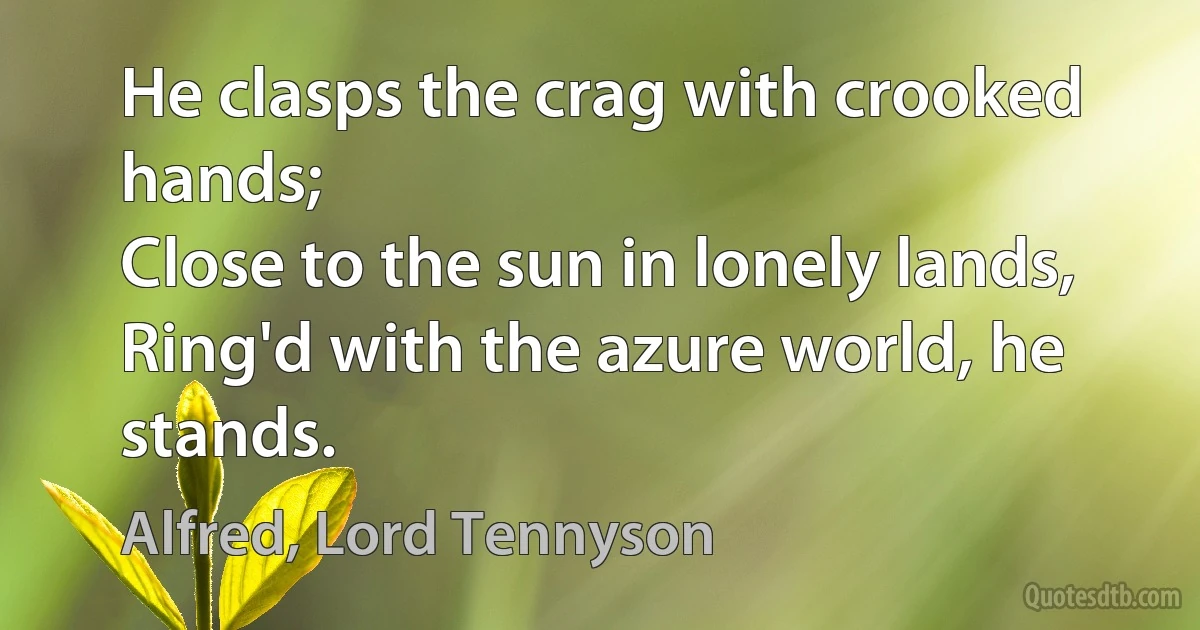 He clasps the crag with crooked hands;
Close to the sun in lonely lands,
Ring'd with the azure world, he stands. (Alfred, Lord Tennyson)