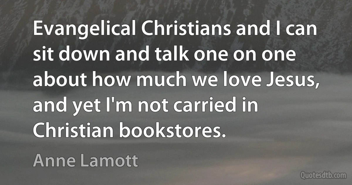 Evangelical Christians and I can sit down and talk one on one about how much we love Jesus, and yet I'm not carried in Christian bookstores. (Anne Lamott)