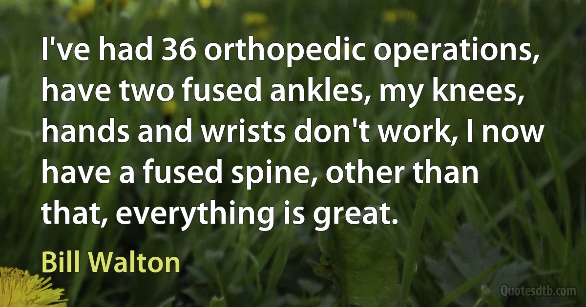 I've had 36 orthopedic operations, have two fused ankles, my knees, hands and wrists don't work, I now have a fused spine, other than that, everything is great. (Bill Walton)