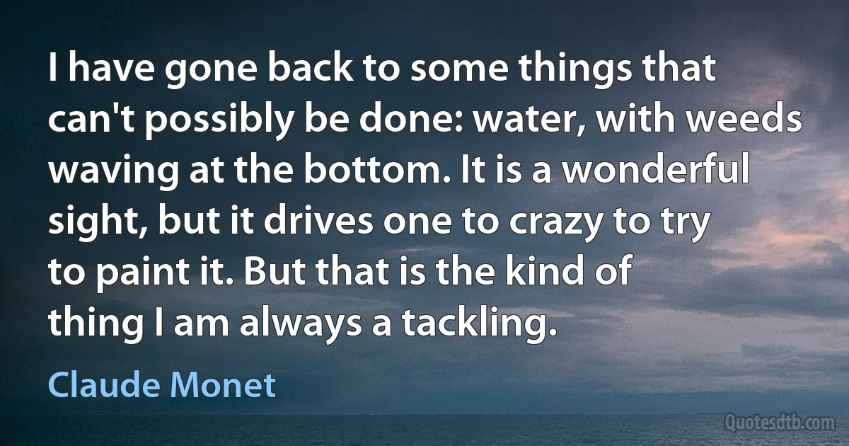 I have gone back to some things that can't possibly be done: water, with weeds waving at the bottom. It is a wonderful sight, but it drives one to crazy to try to paint it. But that is the kind of thing I am always a tackling. (Claude Monet)