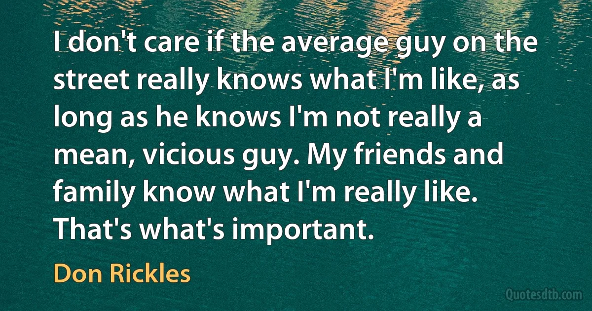 I don't care if the average guy on the street really knows what I'm like, as long as he knows I'm not really a mean, vicious guy. My friends and family know what I'm really like. That's what's important. (Don Rickles)