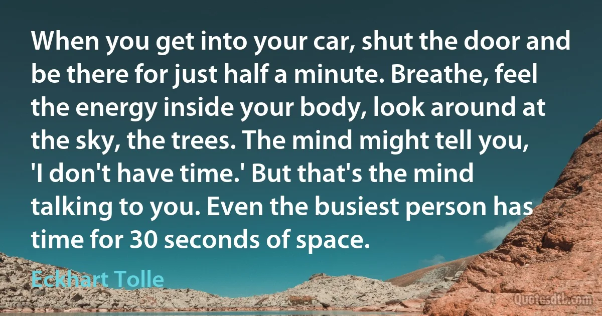 When you get into your car, shut the door and be there for just half a minute. Breathe, feel the energy inside your body, look around at the sky, the trees. The mind might tell you, 'I don't have time.' But that's the mind talking to you. Even the busiest person has time for 30 seconds of space. (Eckhart Tolle)