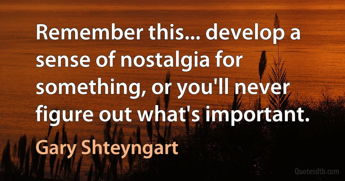 Remember this... develop a sense of nostalgia for something, or you'll never figure out what's important. (Gary Shteyngart)