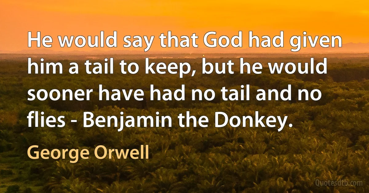 He would say that God had given him a tail to keep, but he would sooner have had no tail and no flies - Benjamin the Donkey. (George Orwell)