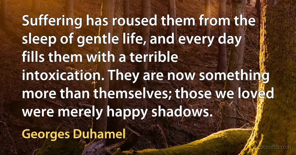 Suffering has roused them from the sleep of gentle life, and every day fills them with a terrible intoxication. They are now something more than themselves; those we loved were merely happy shadows. (Georges Duhamel)