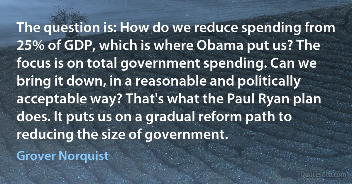 The question is: How do we reduce spending from 25% of GDP, which is where Obama put us? The focus is on total government spending. Can we bring it down, in a reasonable and politically acceptable way? That's what the Paul Ryan plan does. It puts us on a gradual reform path to reducing the size of government. (Grover Norquist)