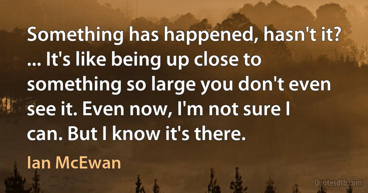 Something has happened, hasn't it? ... It's like being up close to something so large you don't even see it. Even now, I'm not sure I can. But I know it's there. (Ian McEwan)